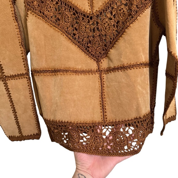 Vintage Y2K Carducci 100% Suede Crocheted Jacket Tan Brown Boho Western  Medium - Picture 8 of 14